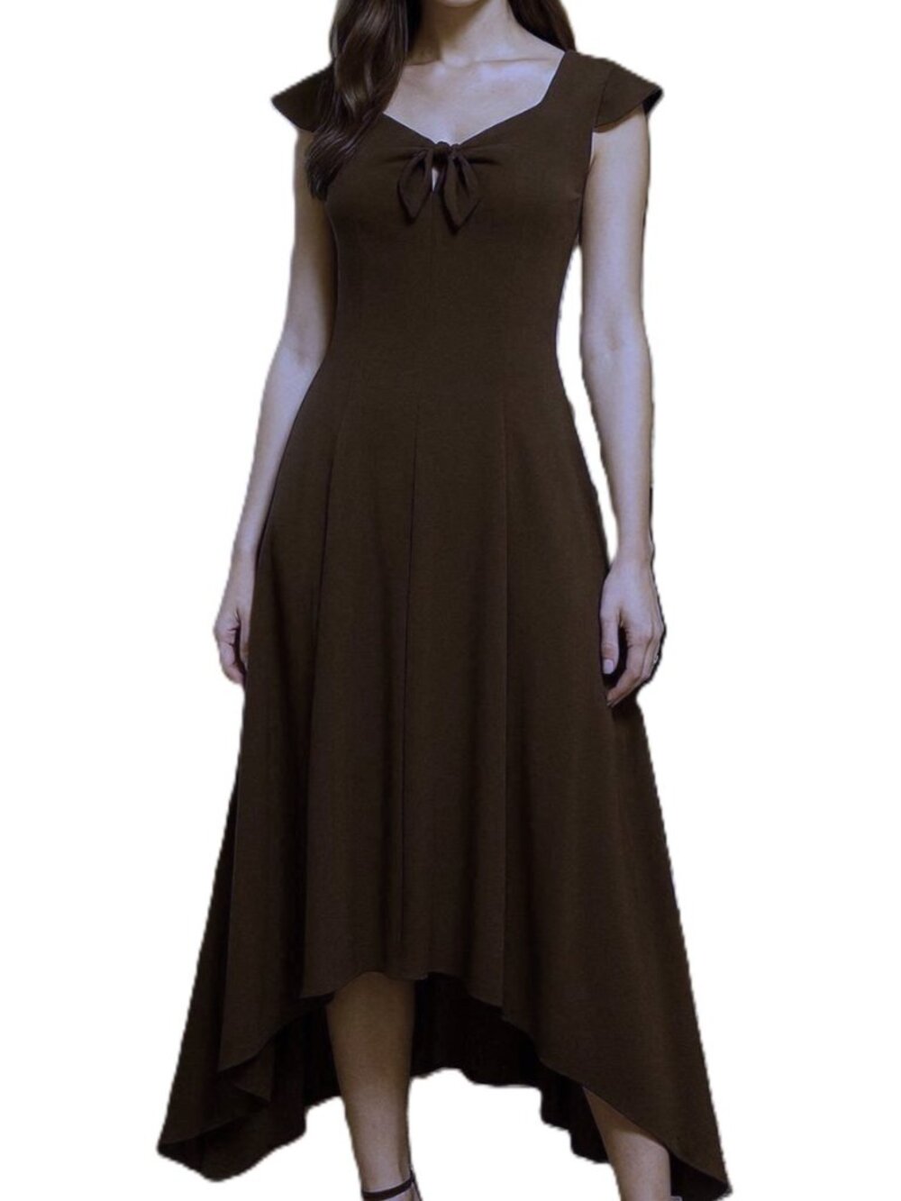 Bianca Nygard Brown Cap Sleev V Neck Fit & Flare HiLow Dress Size M Princess